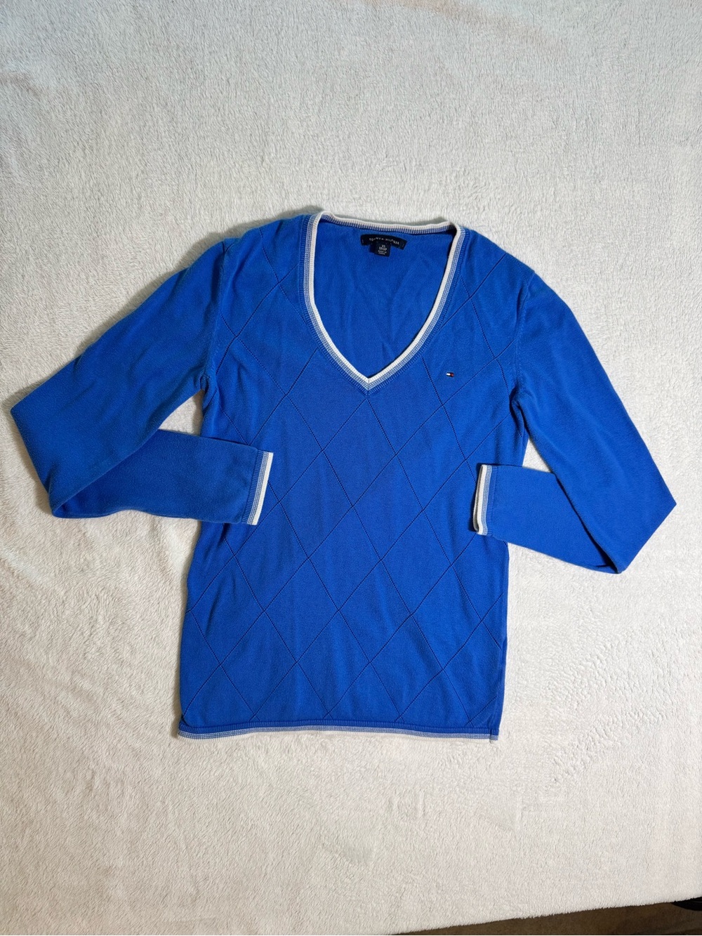 Tommy Hilfiger Bright Blue V-Neck Sweater with White Trim